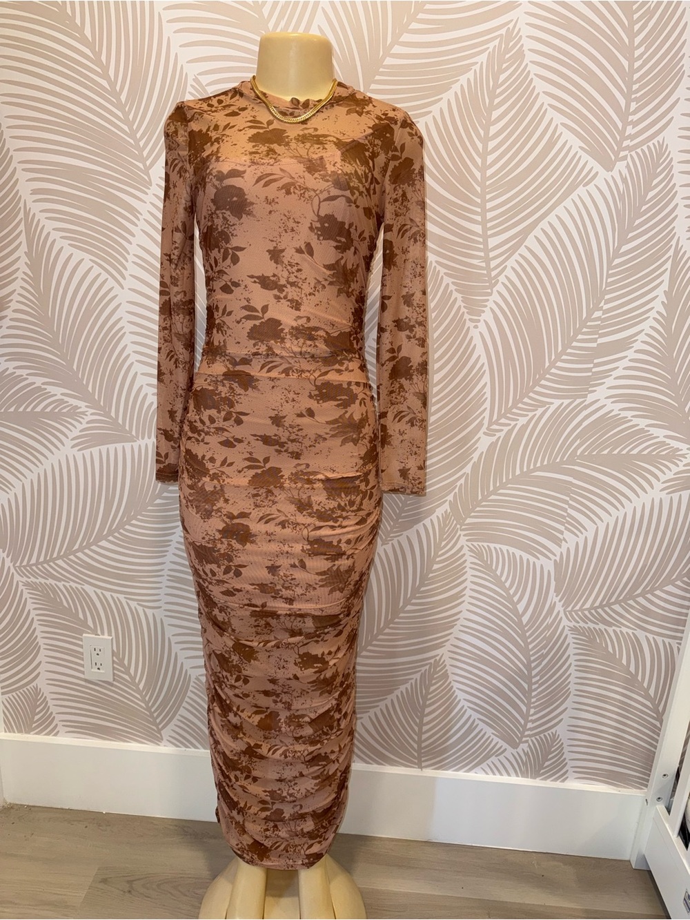 Brown Floral Long Sleeve Maxi Dress